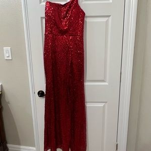 Red sequined one shoulder prom dress